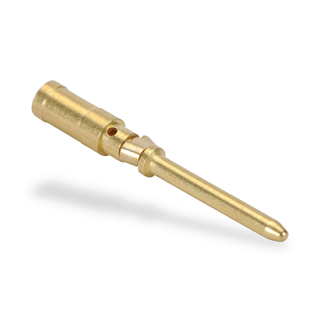 ZP-MC-CC-M10A-16G - ZIPport crimp contact, male, 10 amp, accepts wire size 16 AWG, gold-plated copper alloy. Package of 100. For use with ZIPport multi-wire male inserts rated for 10 amps.