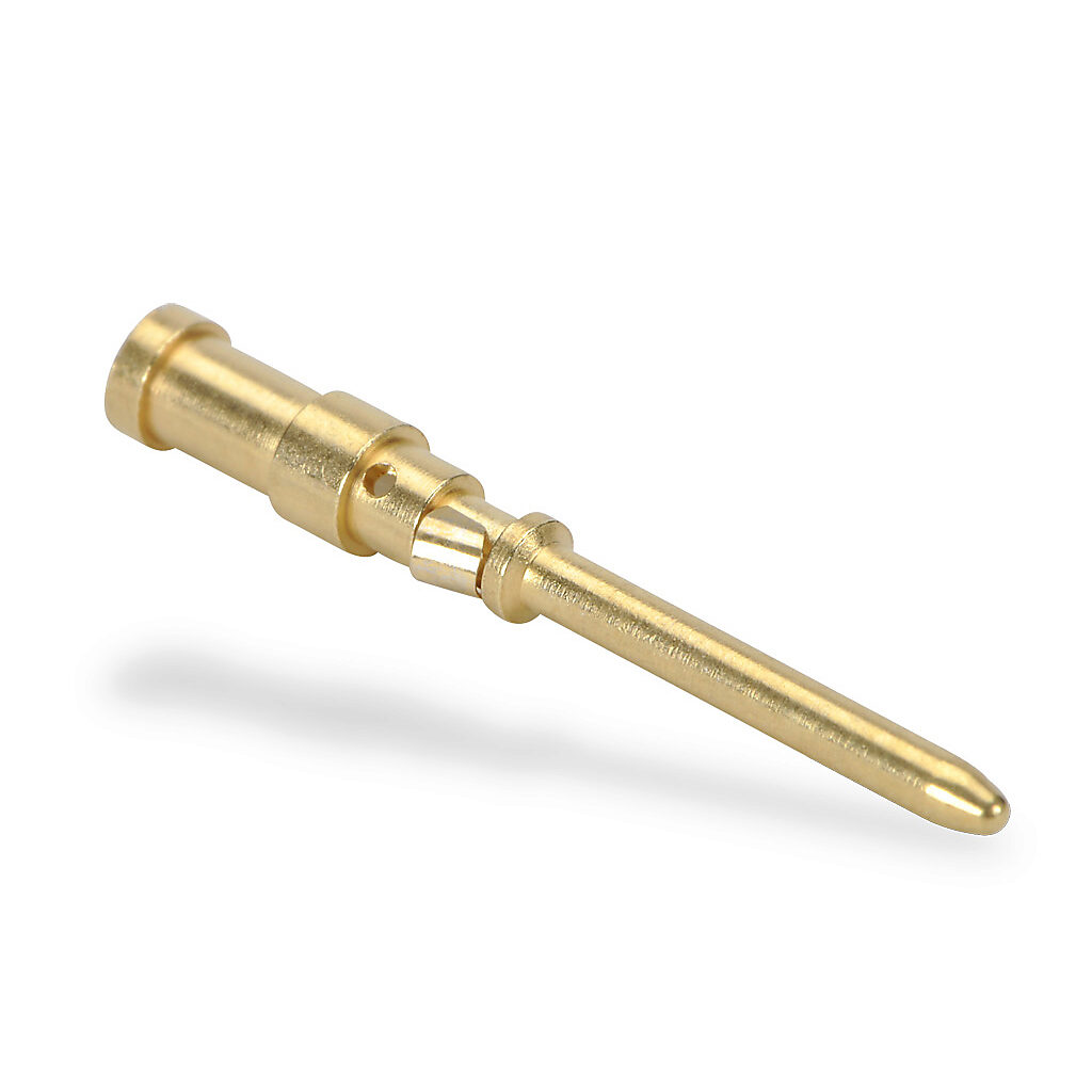 ZP-MC-CC-M10A-18G - ZIPport crimp contact, male, 10 amp, accepts wire size 18 AWG, gold-plated copper alloy. Package of 100. For use with ZIPport multi-wire male inserts rated for 10 amps.