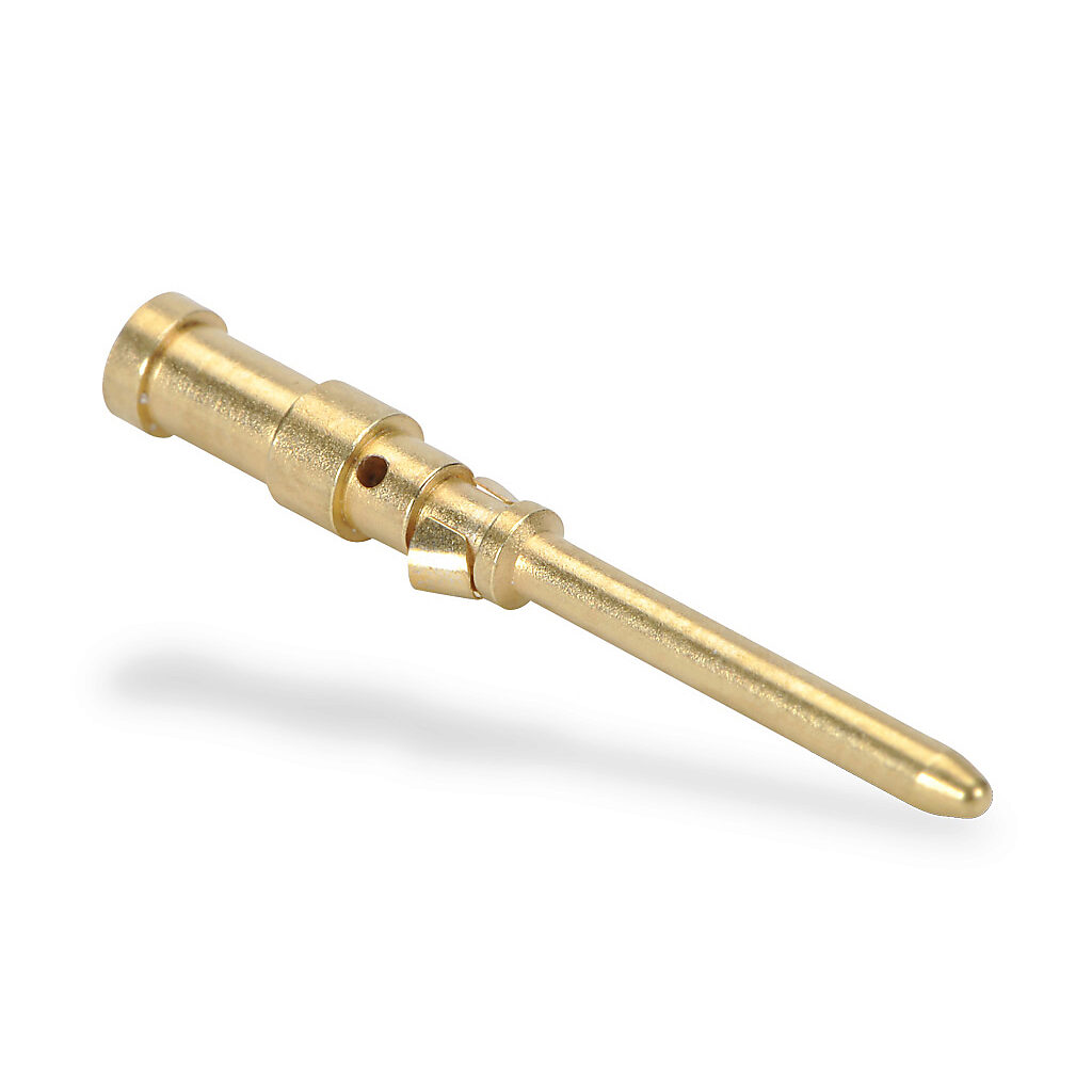 ZP-MC-CC-M10A-22G - ZIPport crimp contact, male, 10 amp, accepts wire size 26-22 AWG, gold-plated copper alloy. Package of 100. For use with ZIPport multi-wire male inserts rated for 10 amps.