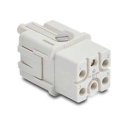 ZP-MC03A-1-FC005 - ZIPport female insert, connector housing size 3A, 5-pole, crimped contact, 16 amp, 600 VAC/VDC, poles numbered 1 to 5. For use with ZIPport multi-wire housings. Requires 16 amp female contacts ZP-MC-CC-F16A-xxx.