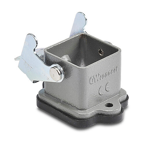 ZP-MC03A-2-SBHM - ZIPport bulkhead housing, single lever, connector housing size 3A, gray, heavy-duty die cast aluminum. For use with ZIPport size 3A 2-peg connector housings.