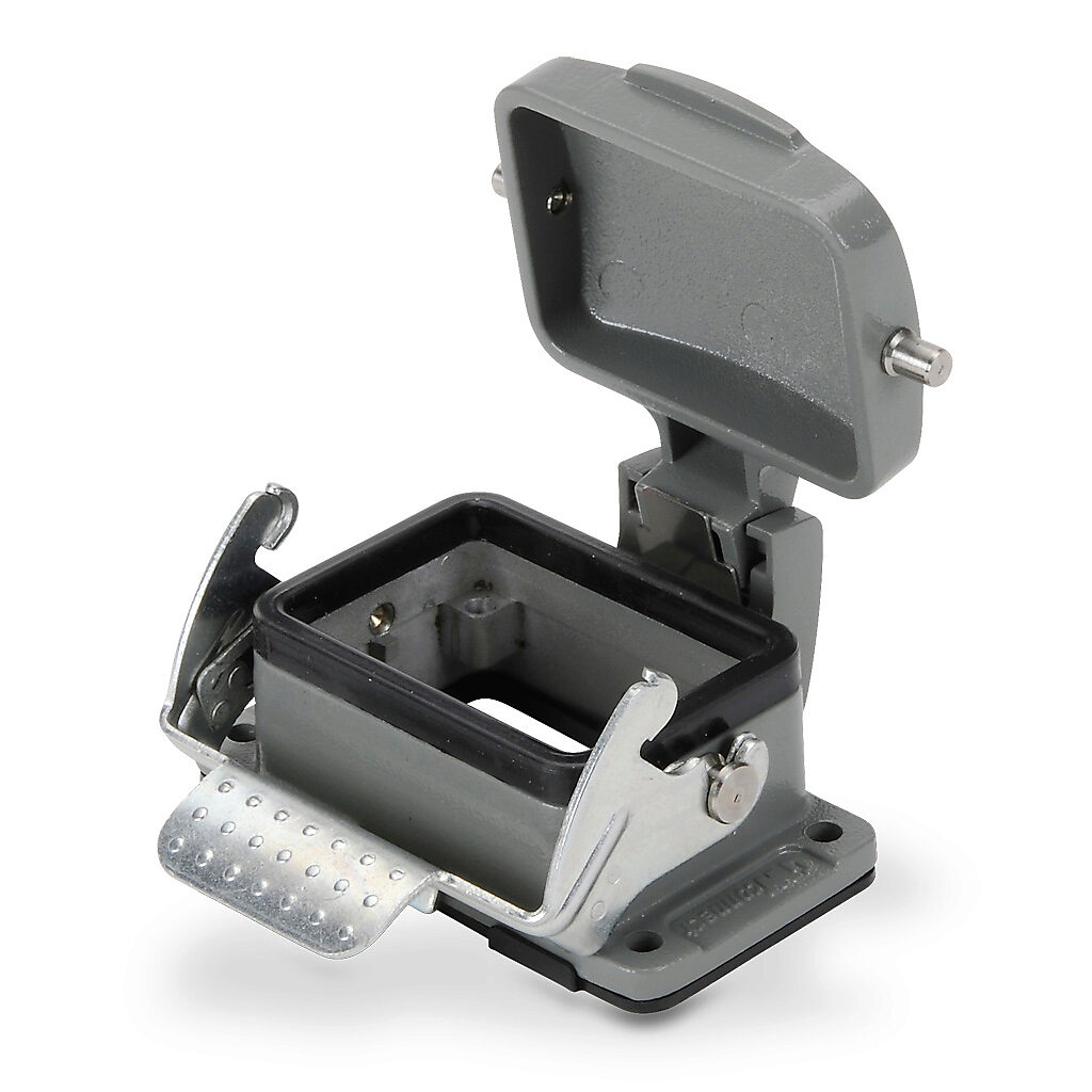 ZP-MC06B-2-SBHC - ZIPport bulkhead housing, single lever, standard cover, connector housing size 6B, gray, heavy-duty die cast aluminum. For use with ZIPport size 6B 2-peg connector housings.
