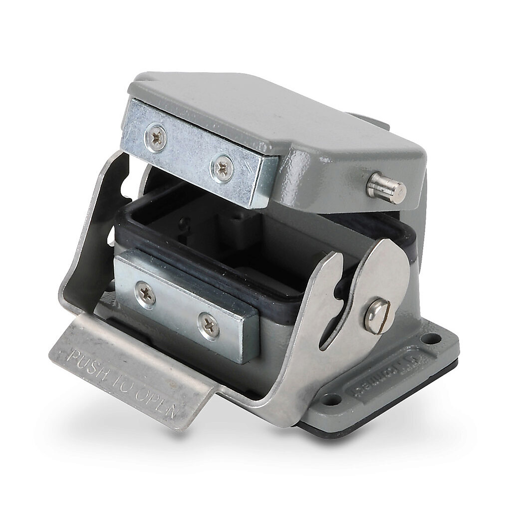 ZP-MC06B-2-SBHCA - ZIPport bulkhead housing, single lever, automatic closing cover, connector housing size 6B, gray, heavy-duty die cast aluminum. For use with ZIPport size 6B 2-peg connector housings.