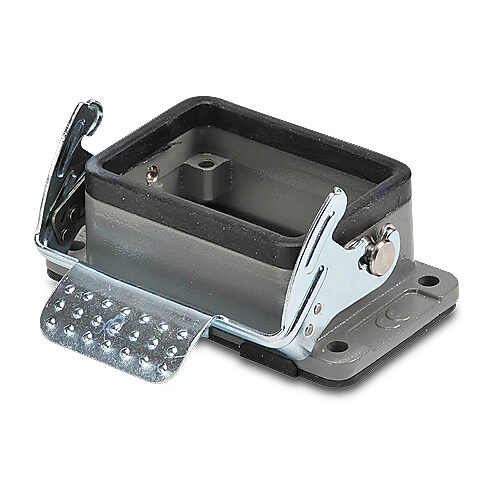 ZP-MC06B-2-SBHM - ZIPport bulkhead housing, single lever, connector housing size 6B, gray, heavy-duty die cast aluminum. For use with ZIPport size 6B 2-peg connector housings.