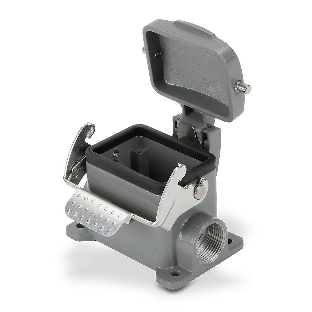 ZP-MC06B-2-SSM16C - ZIPport surface mount housing, single lever, standard cover, connector housing size 6B, (2) Pg 16 threaded holes, gray, heavy-duty die cast aluminum. For use with ZIPport size 6B 2-peg connector housings.