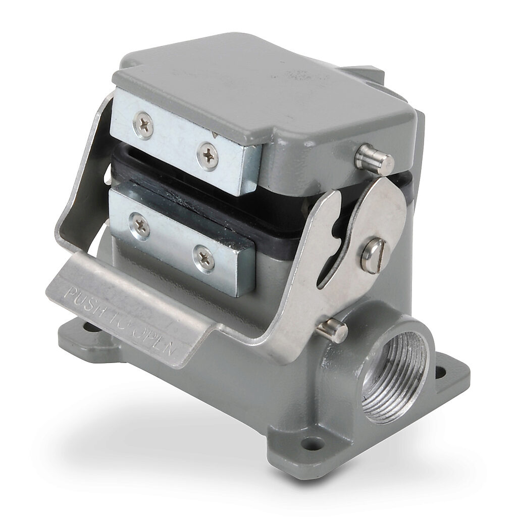 ZP-MC06B-2-SSM16CA - ZIPport surface mount housing, single lever, automatic closing cover, connector housing size 6B, (2) Pg 16 threaded holes, gray, heavy-duty die cast aluminum. For use with ZIPport size 6B 2-peg connector housings.