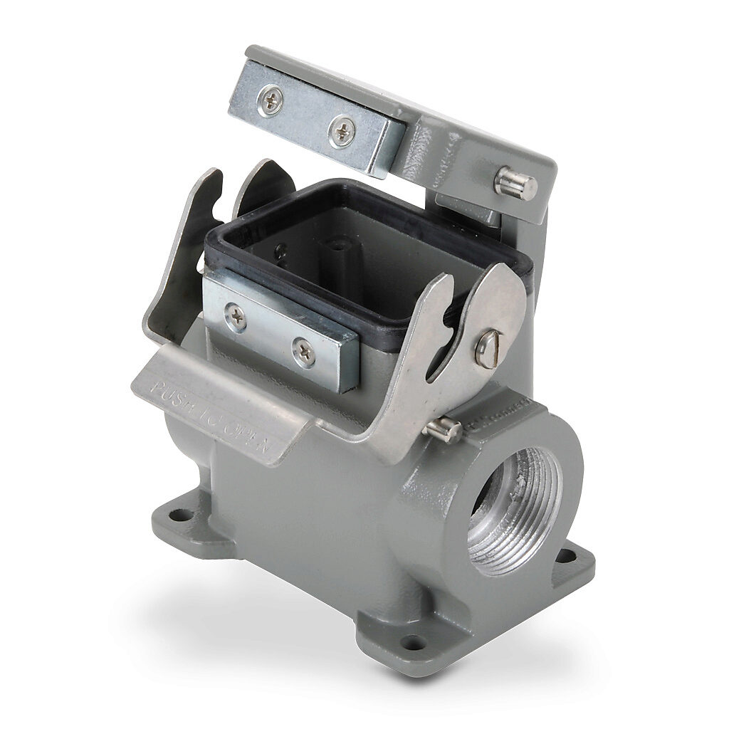 ZP-MC06B-2-SSM21CA - ZIPport surface mount housing, single lever, automatic closing cover, connector housing size 6B, (2) Pg 21 threaded holes, gray, heavy-duty die cast aluminum. For use with ZIPport size 6B 2-peg connector housings.