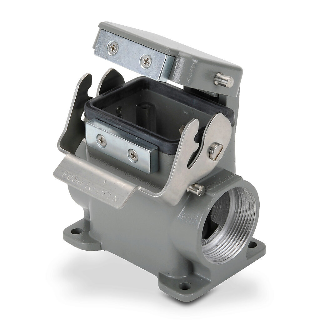 ZP-MC06B-2-SSM29CA - ZIPport surface mount housing, single lever, automatic closing cover, connector housing size 6B, (2) Pg 29 threaded holes, gray, heavy-duty die cast aluminum. For use with ZIPport size 6B 2-peg connector housings.