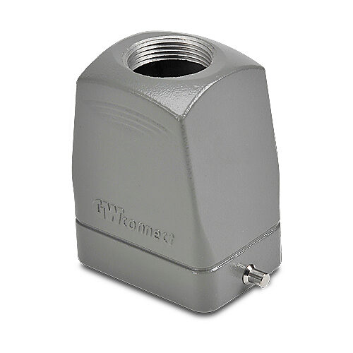 ZP-MC06B-2-STE21ML - ZIPport hood housing, 2-peg, top entry, connector housing size 6B, (1) Pg 21 threaded hole, high construction, gray, heavy-duty die cast aluminum. For use with ZIPport size 6B single lever connector housings.
