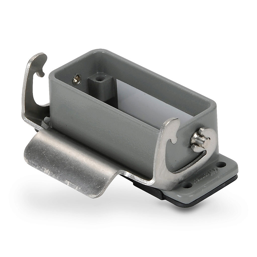 ZP-MC10A-2-SBHM - ZIPport bulkhead housing, single lever, connector housing size 10A, gray, heavy-duty die cast aluminum. For use with ZIPport size 10A 2-peg connector housings.