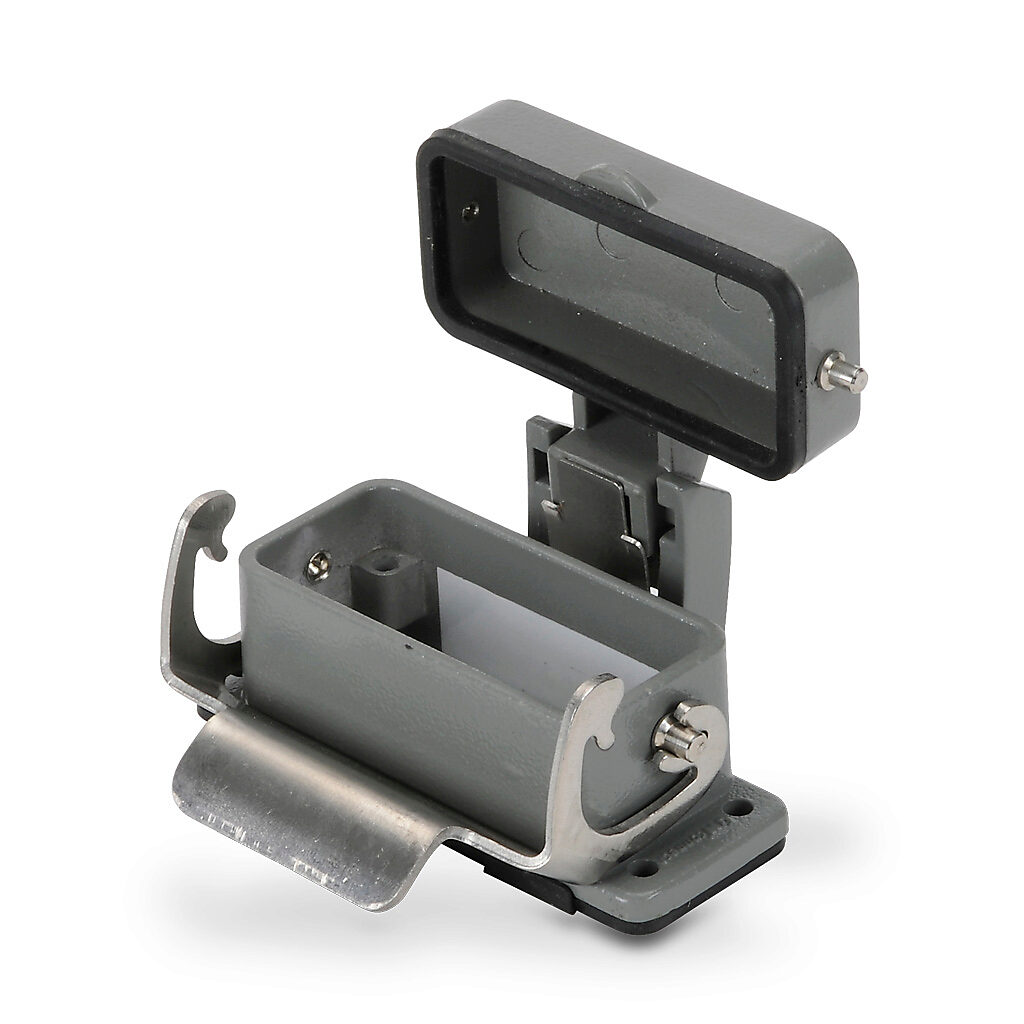 ZP-MC10A-2-SBHMC - ZIPport bulkhead housing, single lever, standard cover, connector housing size 10A, gray, heavy-duty die cast aluminum. For use with ZIPport size 10A 2-peg connector housings.