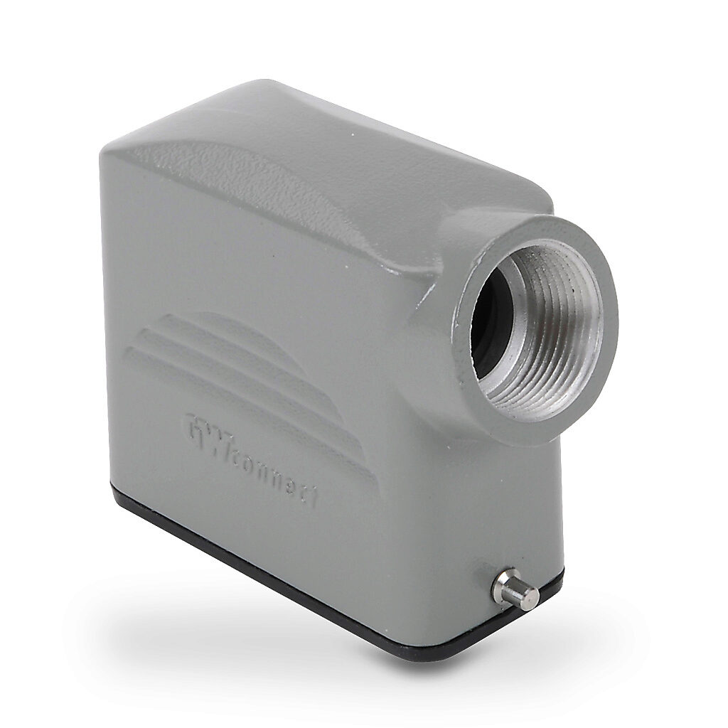 ZP-MC10A-2-SSE16M - ZIPport hood housing, 2-peg, side entry, connector housing size 10A, (1) Pg 16 threaded hole, gray, heavy-duty die cast aluminum. For use with ZIPport size 10A single lever connector housings.