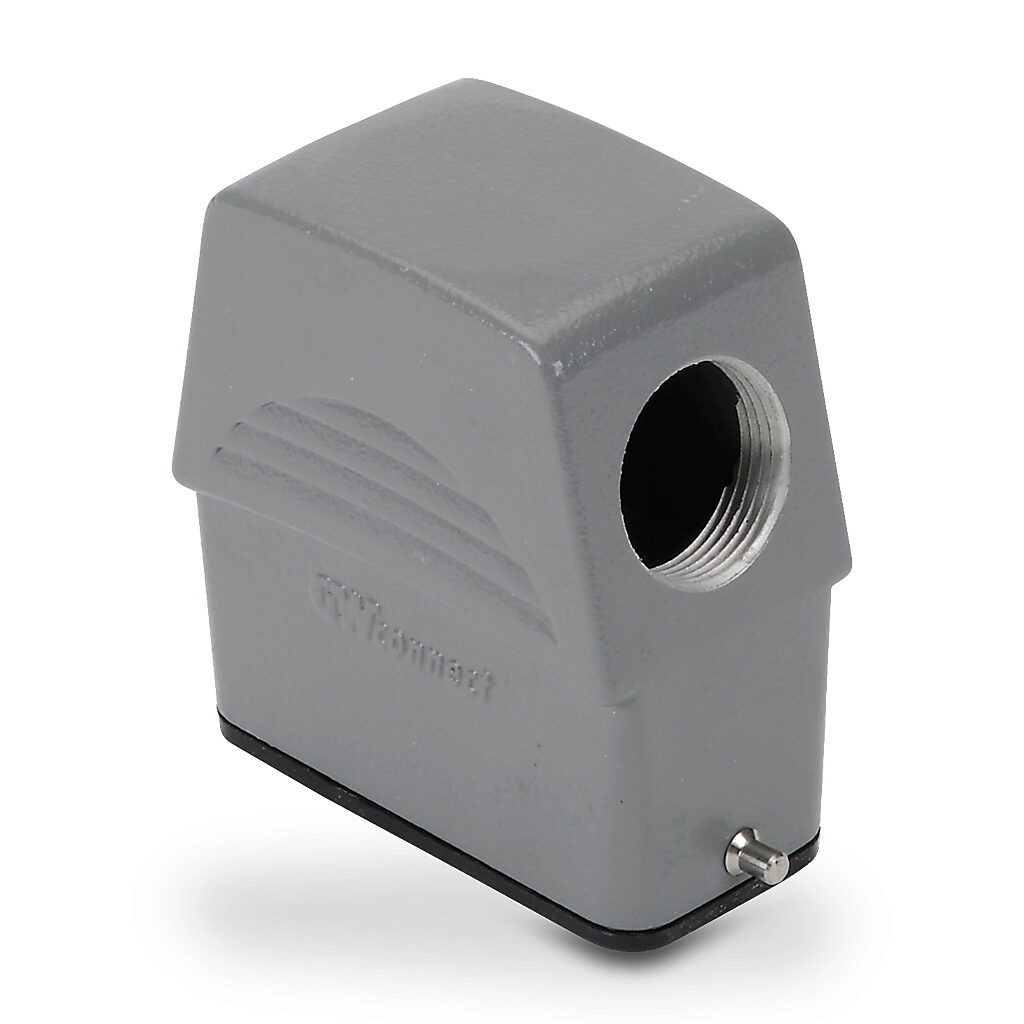 ZP-MC10A-2-SSE16ML - ZIPport hood housing, 2-peg, side entry, connector housing size 10A, (1) Pg 16 threaded hole, high construction, gray, heavy-duty die cast aluminum. For use with ZIPport size 10A single lever connector housings.