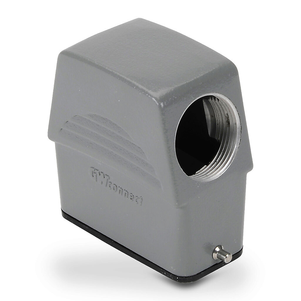ZP-MC10A-2-SSE21ML - ZIPport hood housing, 2-peg, side entry, connector housing size 10A, (1) Pg 21 threaded hole, high construction, gray, heavy-duty die cast aluminum. For use with ZIPport size 10A single lever connector housings.