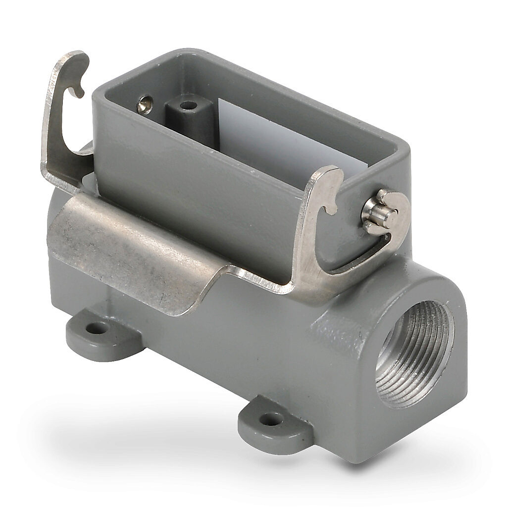ZP-MC10A-2-SSM16M - ZIPport surface mount housing, single lever, connector housing size 10A, (2) Pg 16 threaded holes, gray, heavy-duty die cast aluminum. For use with ZIPport size 10A 2-peg connector housings.