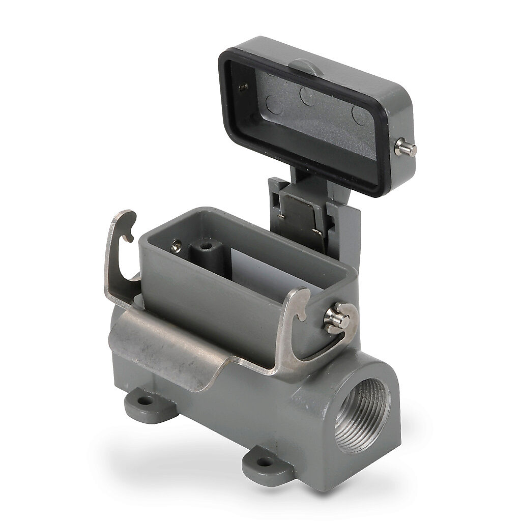 ZP-MC10A-2-SSM16MC - ZIPport surface mount housing, single lever, standard cover, connector housing size 10A, (2) Pg 16 threaded holes, gray, heavy-duty die cast aluminum. For use with ZIPport size 10A 2-peg connector housings.