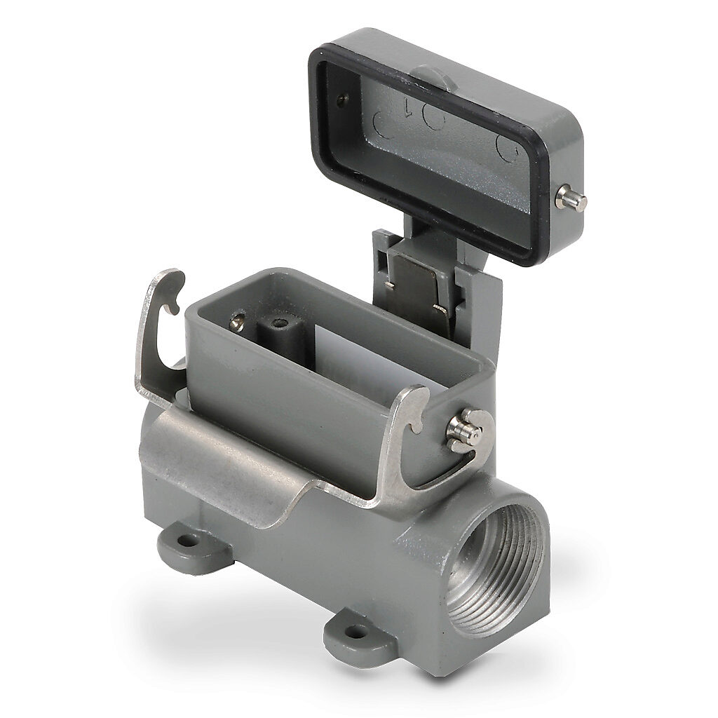 ZP-MC10A-2-SSM21MC - ZIPport surface mount housing, single lever, standard cover, connector housing size 10A, (2) Pg 21 threaded holes, gray, heavy-duty die cast aluminum. For use with ZIPport size 10A 2-peg connector housings.
