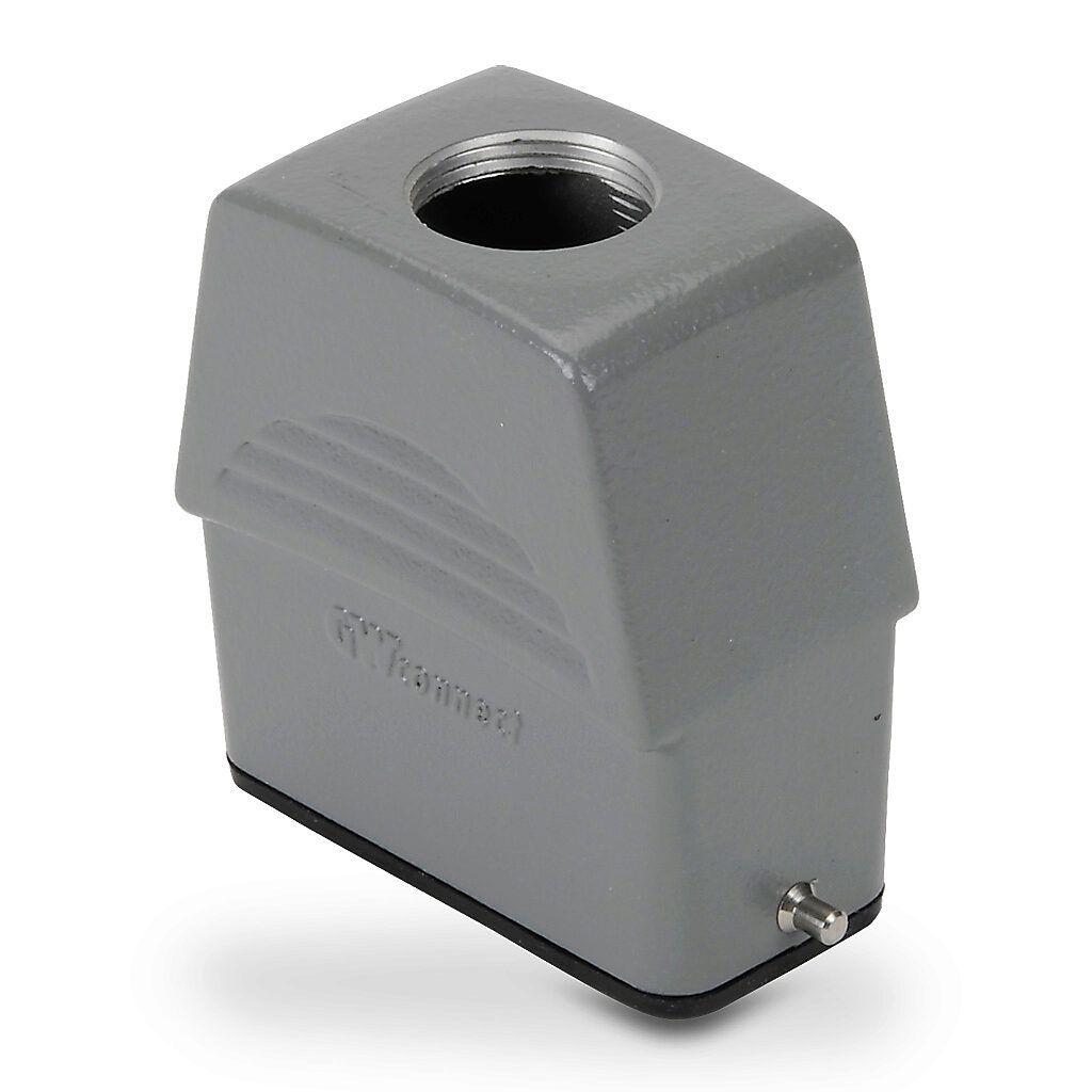 ZP-MC10A-2-STE16ML - ZIPport hood housing, 2-peg, top entry, connector housing size 10A, (1) Pg 16 threaded hole, high construction, gray, heavy-duty die cast aluminum. For use with ZIPport size 10A single lever connector housings.
