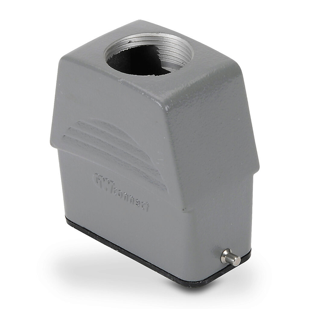 ZP-MC10A-2-STE21ML - ZIPport hood housing, 2-peg, top entry, connector housing size 10A, (1) Pg 21 threaded hole, high construction, gray, heavy-duty die cast aluminum. For use with ZIPport size 10A single lever connector housings.