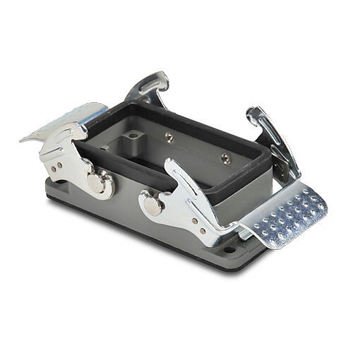 ZP-MC10B-2-DBHM - ZIPport bulkhead housing, double lever, connector housing size 10B, gray, heavy-duty die cast aluminum. For use with ZIPport size 10B 4-peg connector housings.