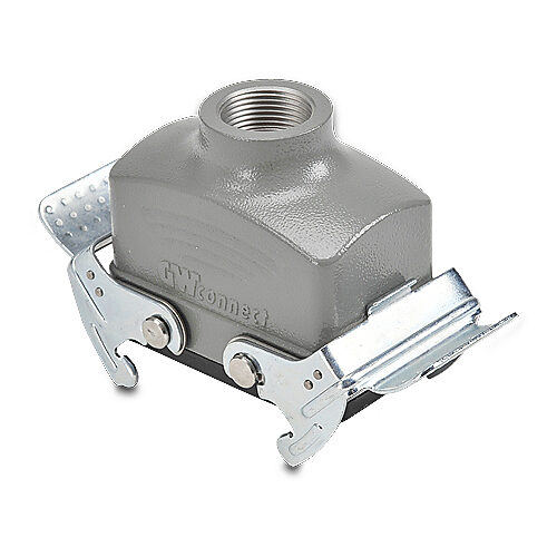 ZP-MC10B-2-DCP16M - ZIPport coupler housing, double lever, connector housing size 10B, (1) Pg 16 threaded hole, gray, heavy-duty die cast aluminum. For use with ZIPport size 10B 4-peg connector housings.