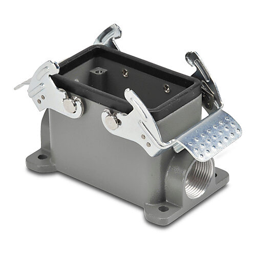 ZP-MC10B-2-DSM16M - ZIPport surface mount housing, double lever, connector housing size 10B, (2) Pg 16 threaded holes, gray, heavy-duty die cast aluminum. For use with ZIPport size 10B 4-peg connector housings.
