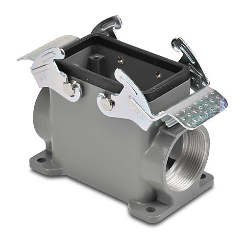 ZP-MC10B-2-DSM29ML - ZIPport surface mount housing, double lever, connector housing size 10B, (2) Pg 29 threaded holes, high construction, gray, heavy-duty die cast aluminum. For use with ZIPport size 10B 4-peg connector housings.