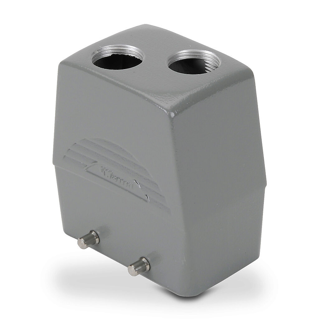 ZP-MC10B-2-DTE13M2 - ZIPport hood housing, 4-peg, top entry, connector housing size 10B, (2) Pg 13.5 threaded hole, high construction, gray, heavy-duty die cast aluminum. For use with ZIPport size 10B double lever connector housings.