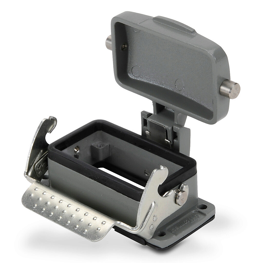 ZP-MC10B-2-SBHC - ZIPport bulkhead housing, single lever, standard cover, connector housing size 10B, gray, heavy-duty die cast aluminum. For use with ZIPport size 10B 2-peg connector housings.