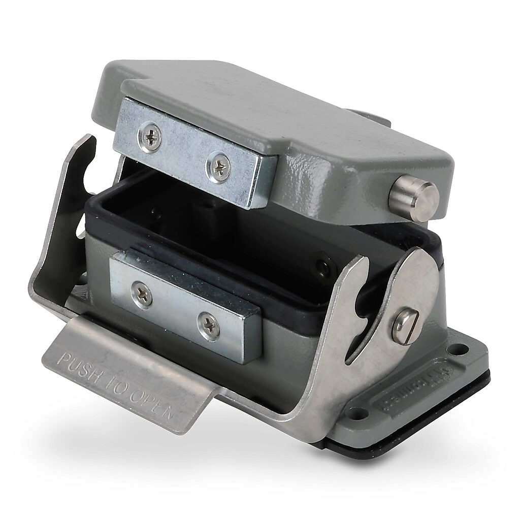 ZP-MC10B-2-SBHCA - ZIPport bulkhead housing, single lever, automatic closing cover, connector housing size 10B, gray, heavy-duty die cast aluminum. For use with ZIPport size 10B 2-peg connector housings.