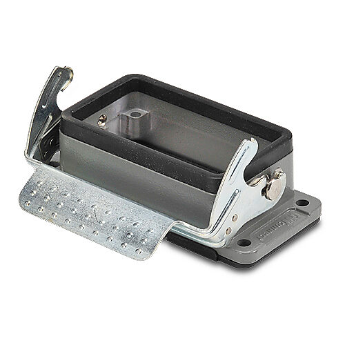 ZP-MC10B-2-SBHM - ZIPport bulkhead housing, single lever, connector housing size 10B, gray, heavy-duty die cast aluminum. For use with ZIPport size 10B 2-peg connector housings.