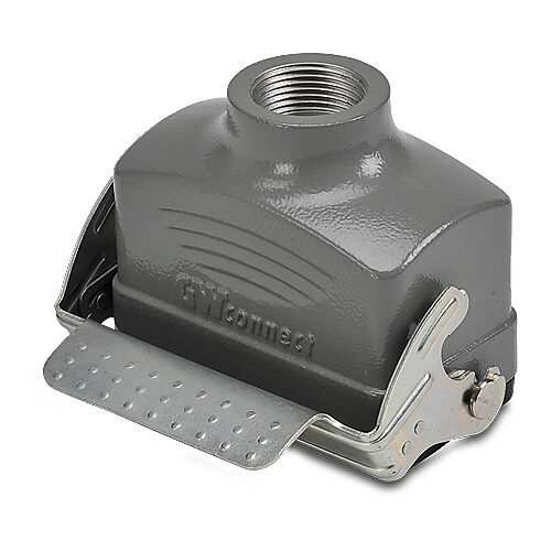 ZP-MC10B-2-SCP16M - ZIPport coupler housing, single lever, connector housing size 10B, (1) Pg 16 threaded hole, gray, heavy-duty die cast aluminum. For use with ZIPport size 10B 2-peg connector housings.