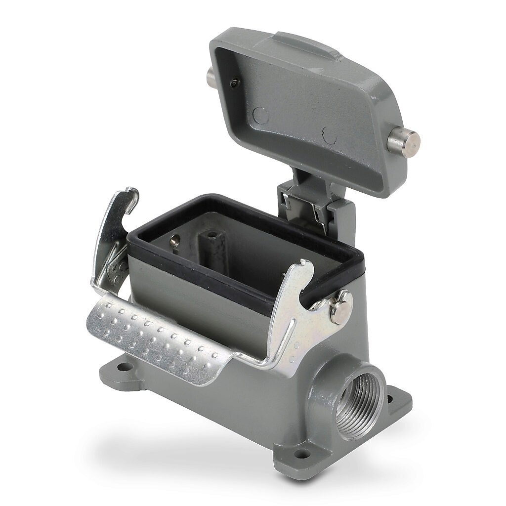 ZP-MC10B-2-SSM16C - ZIPport surface mount housing, single lever, standard cover, connector housing size 10B, (2) Pg 16 threaded holes, gray, heavy-duty die cast aluminum. For use with ZIPport size 10B 2-peg connector housings.