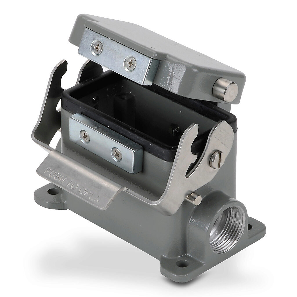 ZP-MC10B-2-SSM16CA - ZIPport surface mount housing, single lever, automatic closing cover, connector housing size 10B, (2) Pg 16 threaded holes, gray, heavy-duty die cast aluminum. For use with ZIPport size 10B 2-peg connector housings.