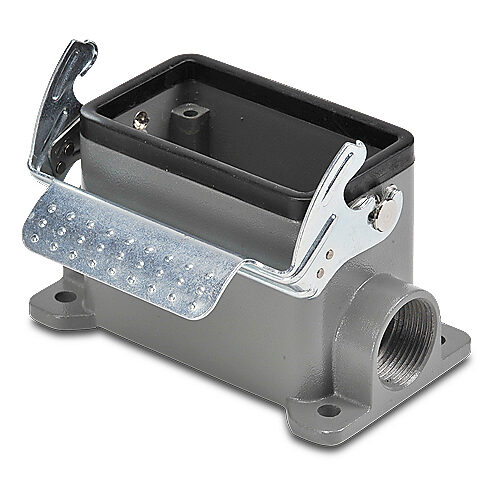 ZP-MC10B-2-SSM16M - ZIPport surface mount housing, single lever, connector housing size 10B, (2) Pg 16 threaded holes, gray, heavy-duty die cast aluminum. For use with ZIPport size 10B 2-peg connector housings.