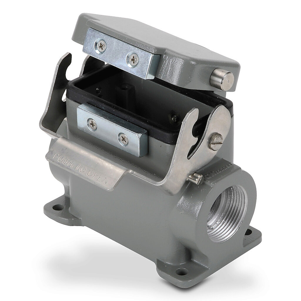 ZP-MC10B-2-SSM21CA - ZIPport surface mount housing, single lever, automatic closing cover, connector housing size 10B, (2) Pg 21 threaded holes, gray, heavy-duty die cast aluminum. For use with ZIPport size 10B 2-peg connector housings.