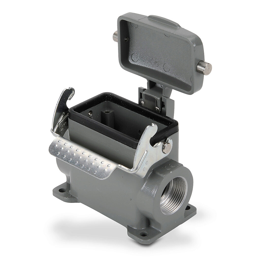 ZP-MC10B-2-SSM21CL - ZIPport surface mount housing, single lever, standard cover, connector housing size 10B, (2) Pg 21 threaded holes, high construction, gray, heavy-duty die cast aluminum. For use with ZIPport size 10B 2-peg connector housings.