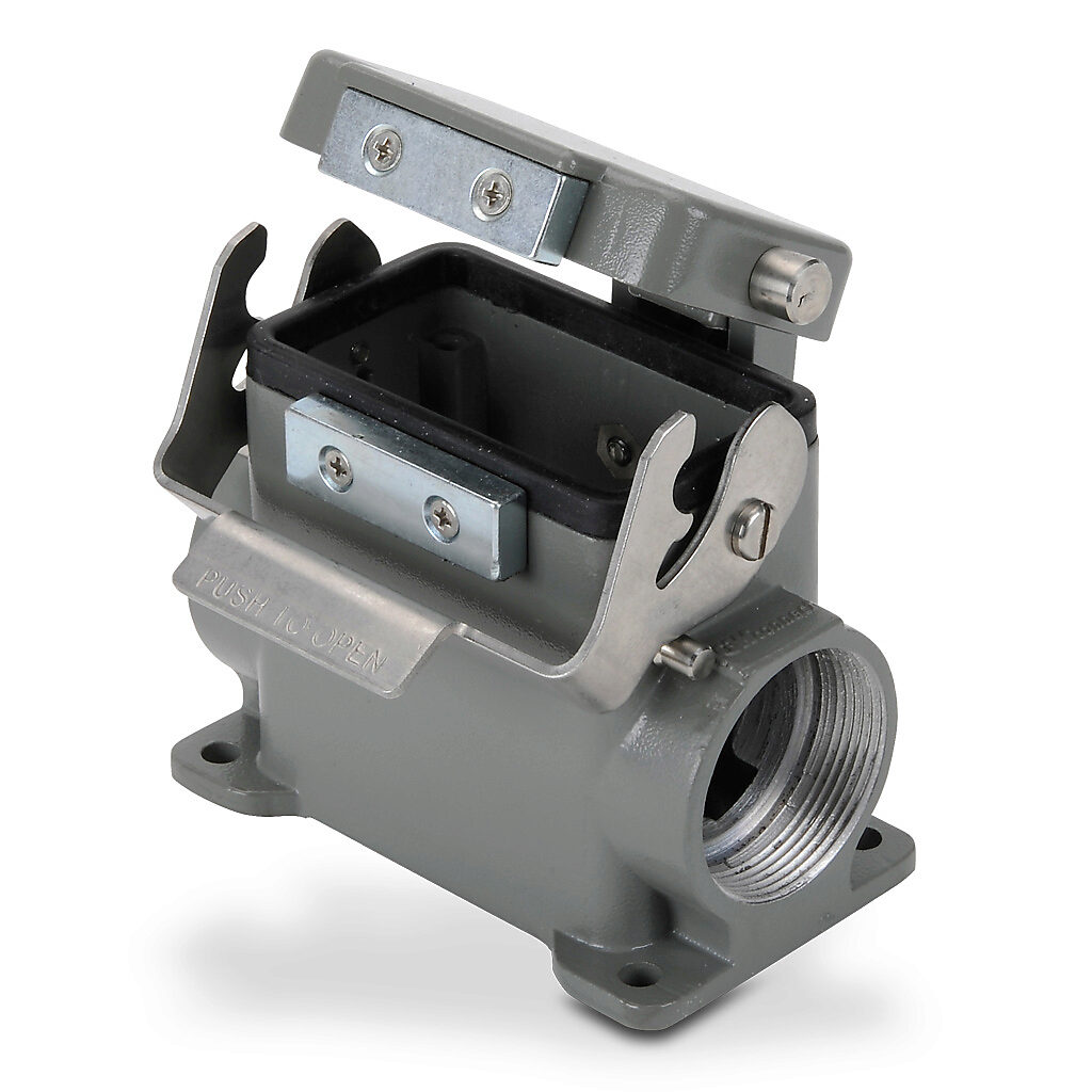 ZP-MC10B-2-SSM29CA - ZIPport surface mount housing, single lever, automatic closing cover, connector housing size 10B, (2) Pg 29 threaded holes, gray, heavy-duty die cast aluminum. For use with ZIPport size 10B 2-peg connector housings.