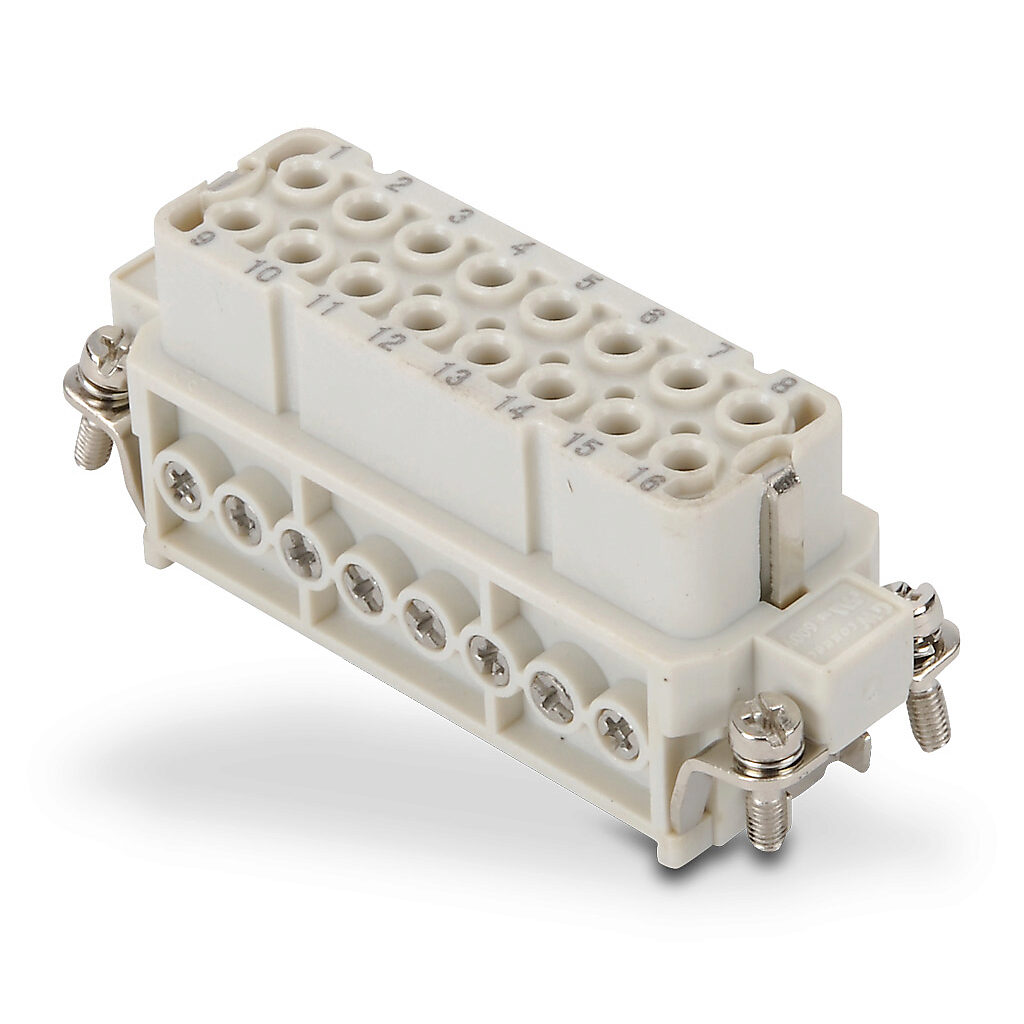 ZP-MC16A-1-FS016 - ZIPport female insert, connector housing size 16A, 16-pole, screw terminals, accepts wire size 20-14 AWG, 16 amp, 600 VAC/VDC, poles numbered 1 to 16. For use with ZIPport multi-wire housings.
