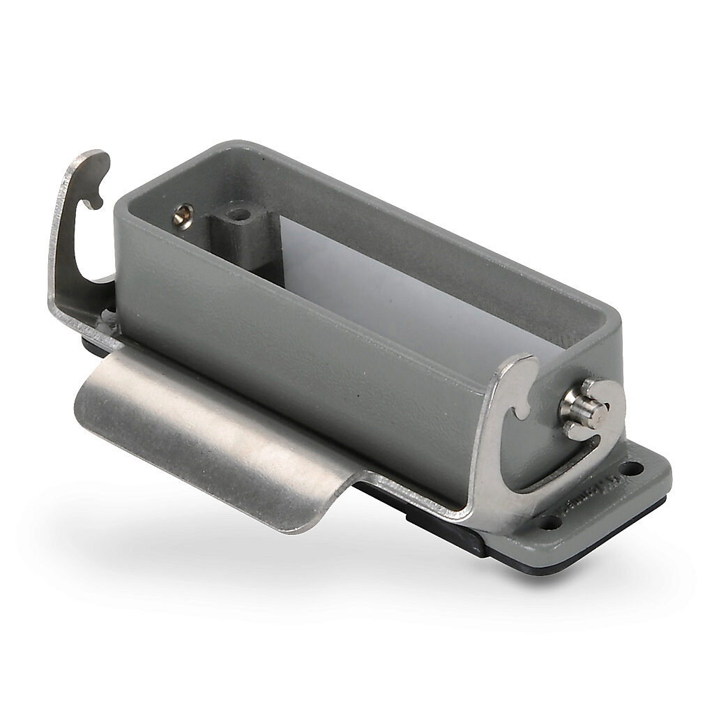 ZP-MC16A-2-SBHM - ZIPport bulkhead housing, single lever, connector housing size 16A, gray, heavy-duty die cast aluminum. For use with ZIPport size 16A 2-peg connector housings.