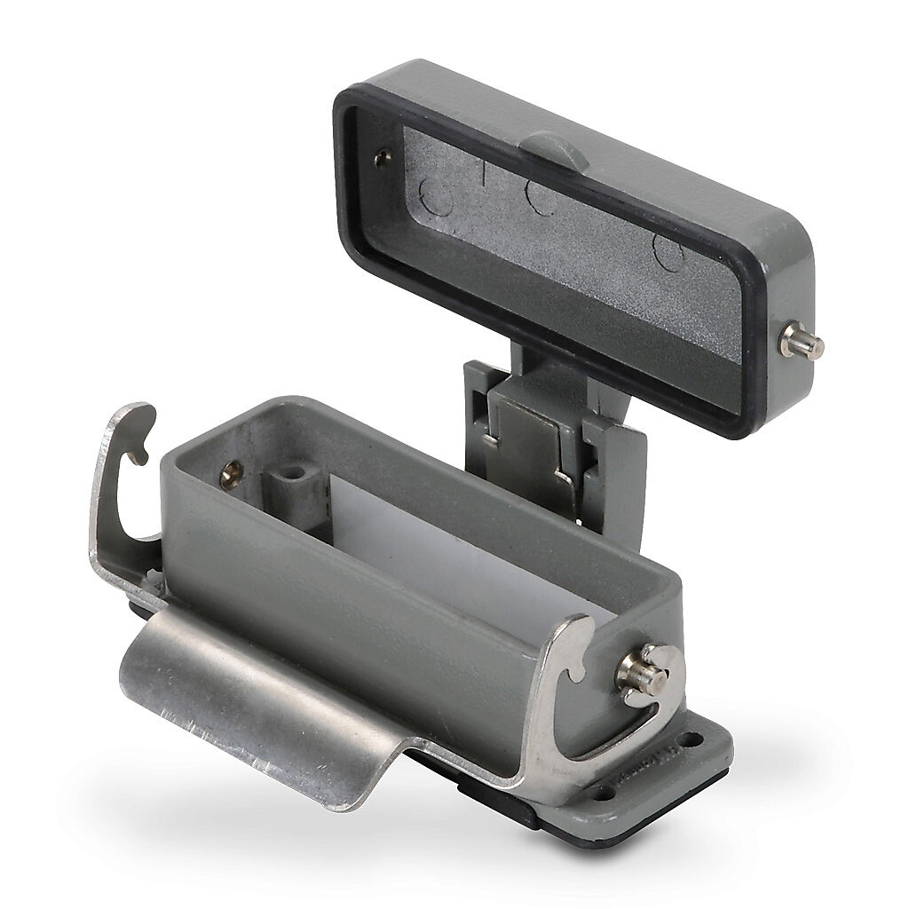 ZP-MC16A-2-SBHMC - ZIPport bulkhead housing, single lever, standard cover, connector housing size 16A, gray, heavy-duty die cast aluminum. For use with ZIPport size 16A 2-peg connector housings.