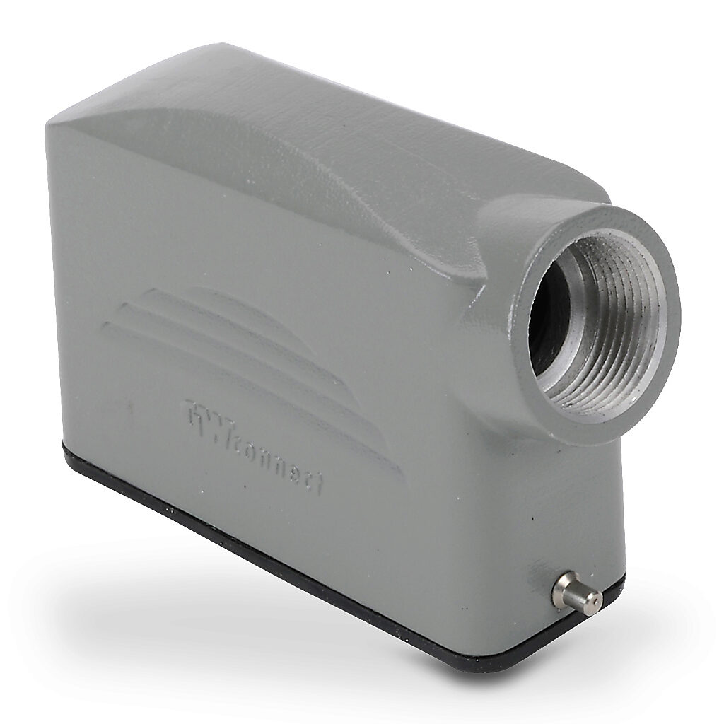 ZP-MC16A-2-SSE16M - ZIPport hood housing, 2-peg, side entry, connector housing size 16A, (1) Pg 16 threaded hole, gray, heavy-duty die cast aluminum. For use with ZIPport size 16A single lever connector housings.