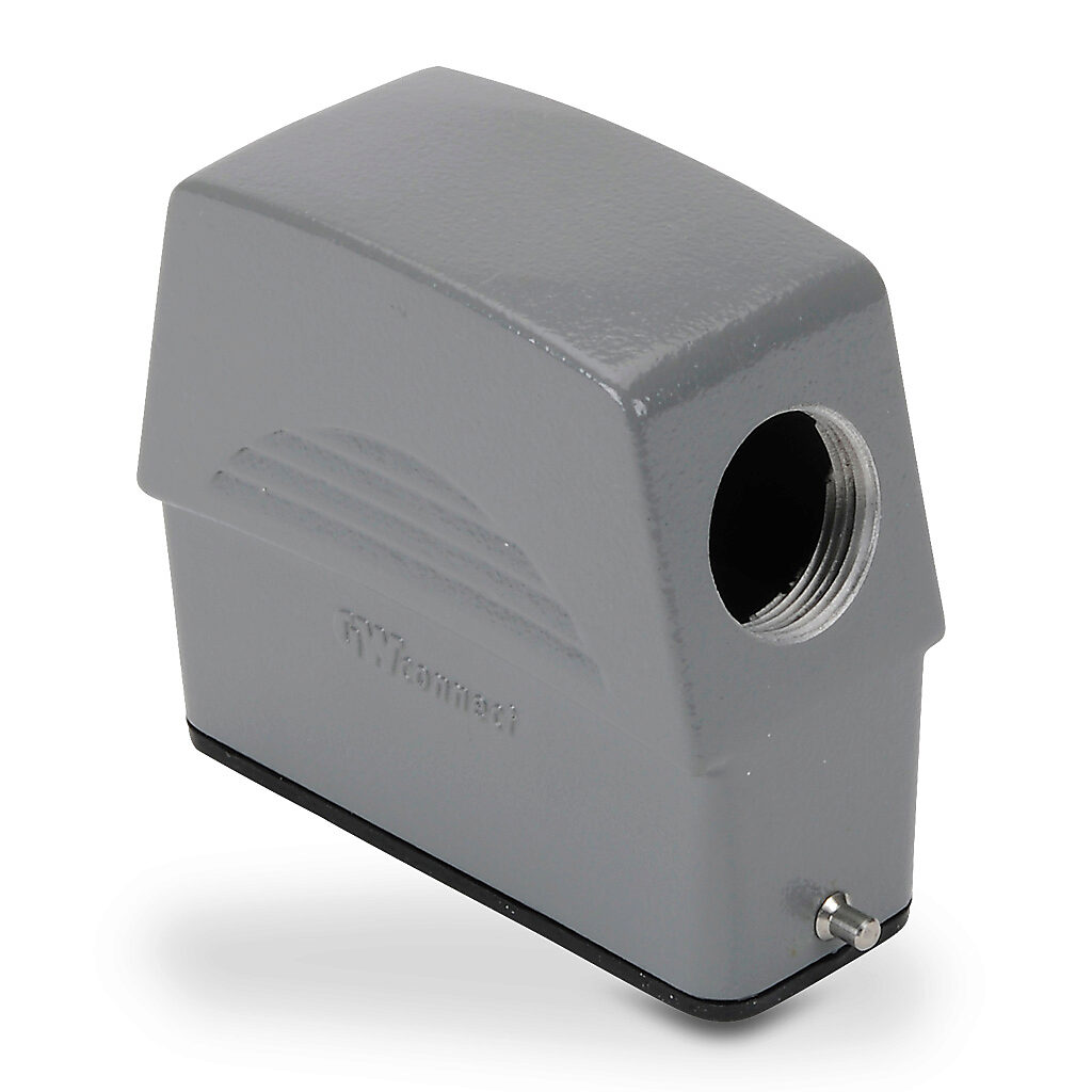 ZP-MC16A-2-SSE16ML - ZIPport hood housing, 2-peg, side entry, connector housing size 16A, (1) Pg 16 threaded hole, high construction, gray, heavy-duty die cast aluminum. For use with ZIPport size 16A single lever connector housings.