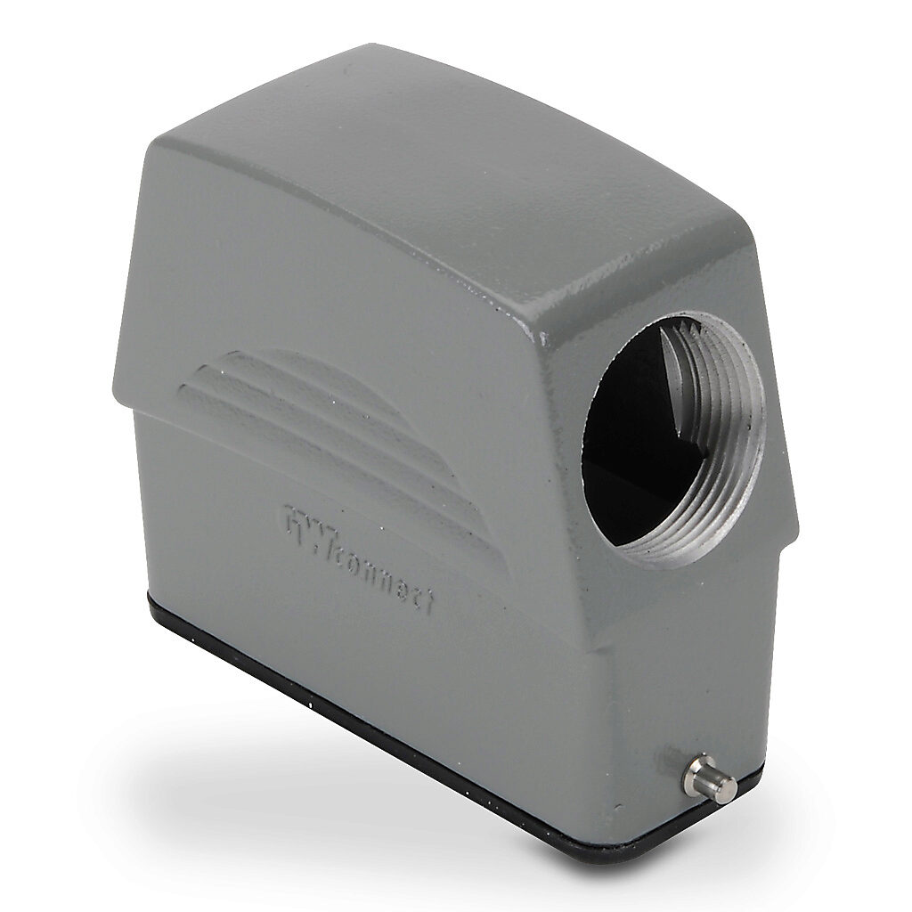ZP-MC16A-2-SSE21ML - ZIPport hood housing, 2-peg, side entry, connector housing size 16A, (1) Pg 21 threaded hole, high construction, gray, heavy-duty die cast aluminum. For use with ZIPport size 16A single lever connector housings.