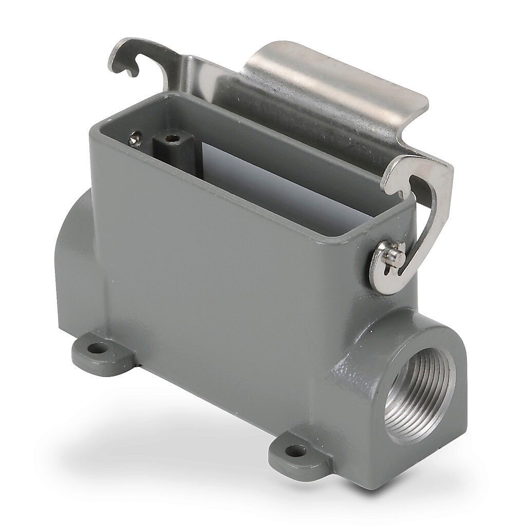 ZP-MC16A-2-SSM16M - ZIPport surface mount housing, single lever, connector housing size 16A, (2) Pg 16 threaded holes, gray, heavy-duty die cast aluminum. For use with ZIPport size 16A 2-peg connector housings.