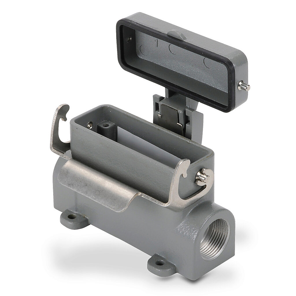 ZP-MC16A-2-SSM16MC - ZIPport surface mount housing, single lever, standard cover, connector housing size 16A, (2) Pg 16 threaded holes, gray, heavy-duty die cast aluminum. For use with ZIPport size 16A 2-peg connector housings.