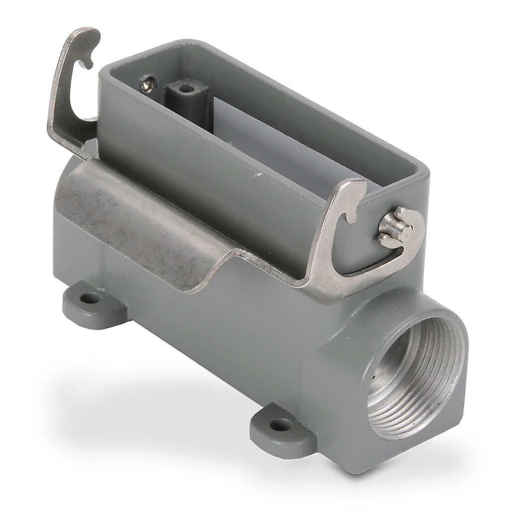 ZP-MC16A-2-SSM21M - ZIPport surface mount housing, single lever, connector housing size 16A, (2) Pg 21 threaded holes, gray, heavy-duty die cast aluminum. For use with ZIPport size 16A 2-peg connector housings.