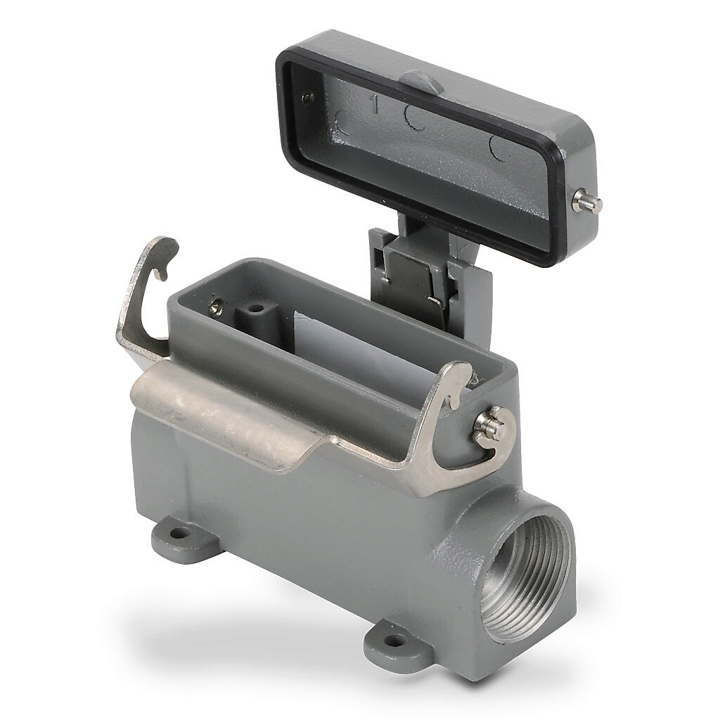 ZP-MC16A-2-SSM21MC - ZIPport surface mount housing, single lever, standard cover, connector housing size 16A, (2) Pg 21 threaded holes, gray, heavy-duty die cast aluminum. For use with ZIPport size 16A 2-peg connector housings.