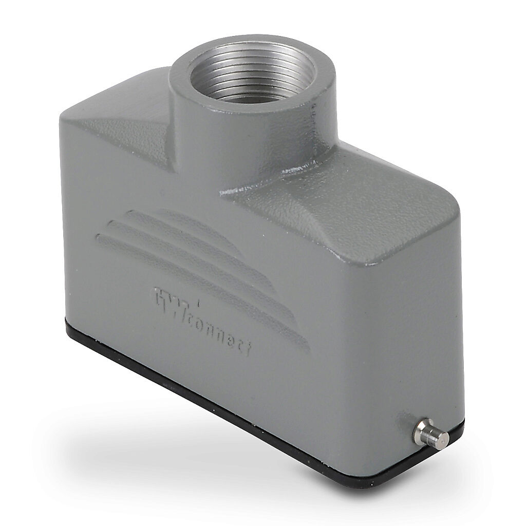 ZP-MC16A-2-STE16M - ZIPport hood housing, 2-peg, top entry, connector housing size 16A, (1) Pg 16 threaded hole, gray, heavy-duty die cast aluminum. For use with ZIPport size 16A single lever connector housings.
