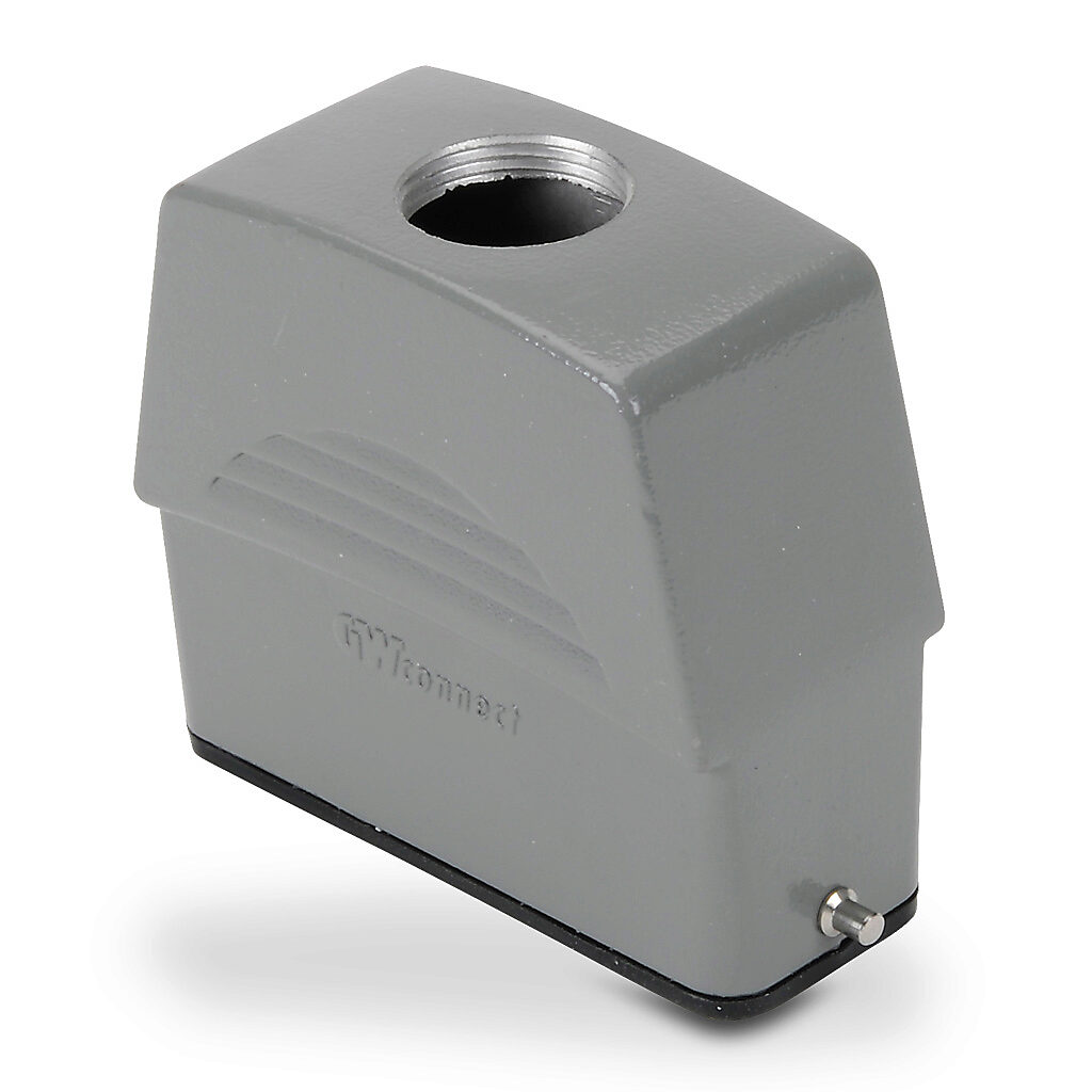 ZP-MC16A-2-STE16ML - ZIPport hood housing, 2-peg, top entry, connector housing size 16A, (1) Pg 16 threaded hole, high construction, gray, heavy-duty die cast aluminum. For use with ZIPport size 16A single lever connector housings.